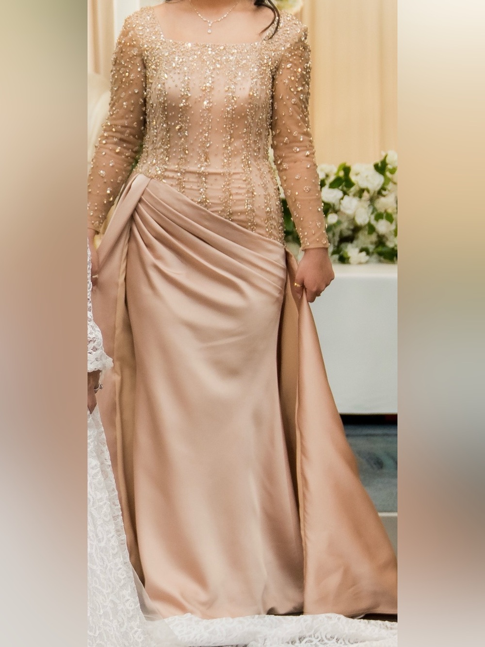 Ahmed Essa custom Elegant Champagne Satin Evening Dress with Beaded Bodice